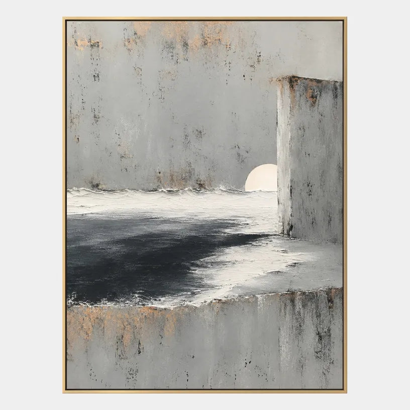 Wabi-Sabi abstract oil painting showing layered abstract marks, texture and expressive painterly movement in a grey palette.