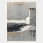 Wabi-Sabi abstract oil painting showing layered abstract marks, texture and expressive painterly movement in a grey palette.