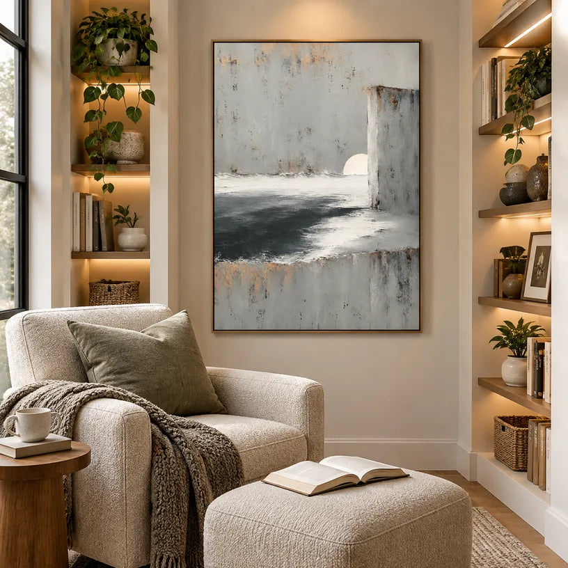 Wabi-Sabi abstract oil painting showing layered abstract marks, texture and expressive painterly movement in a grey palette.