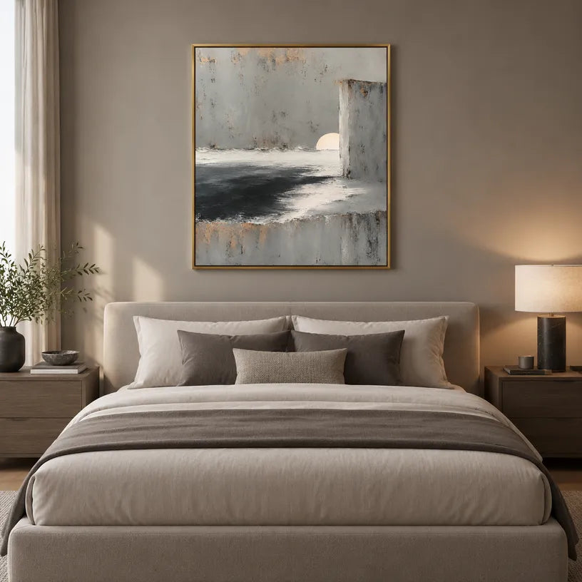 Wabi-Sabi abstract oil painting showing layered abstract marks, texture and expressive painterly movement in a grey palette.