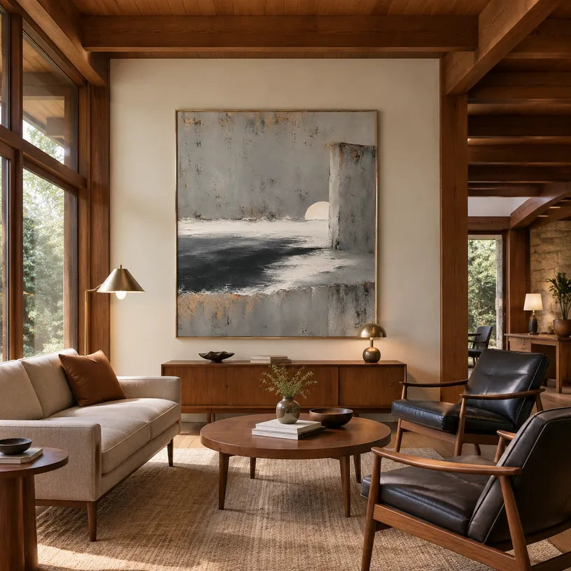 Wabi-Sabi abstract oil painting showing layered abstract marks, texture and expressive painterly movement in a grey palette.