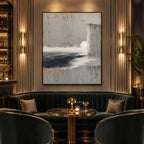 Wabi-Sabi abstract oil painting showing layered abstract marks, texture and expressive painterly movement in a grey palette.