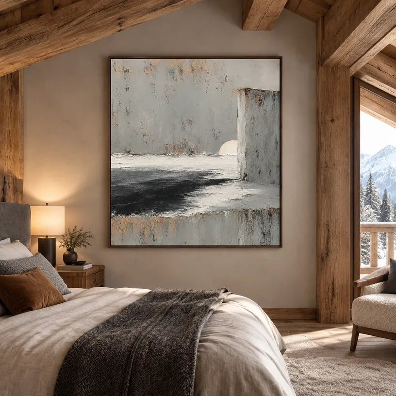 Wabi-Sabi abstract oil painting showing layered abstract marks, texture and expressive painterly movement in a grey palette.