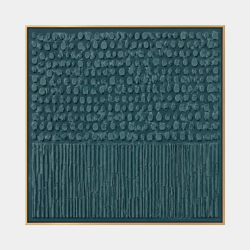 Wabi-Sabi abstract oil painting showing layered abstract marks, texture and expressive painterly movement in a blue palette.