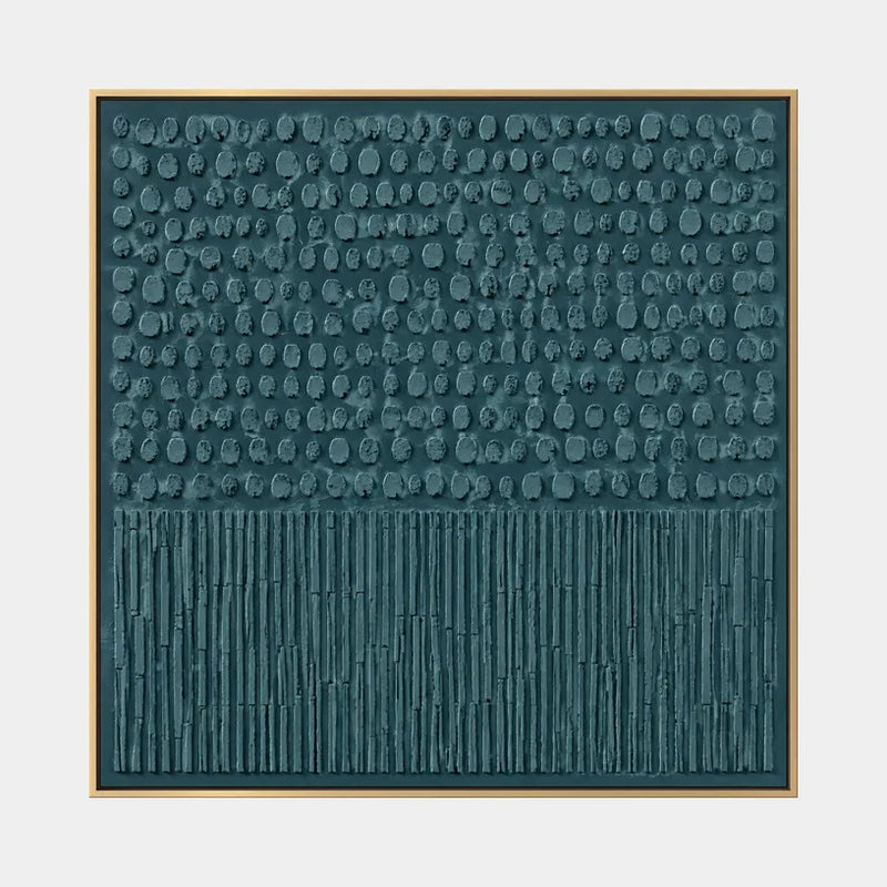 Pittura a olio astratta e concettuale Wabi-Sabi con segni astratti stratificati, consistenza e movimento pittorico espressivo in una tavolozza blu.