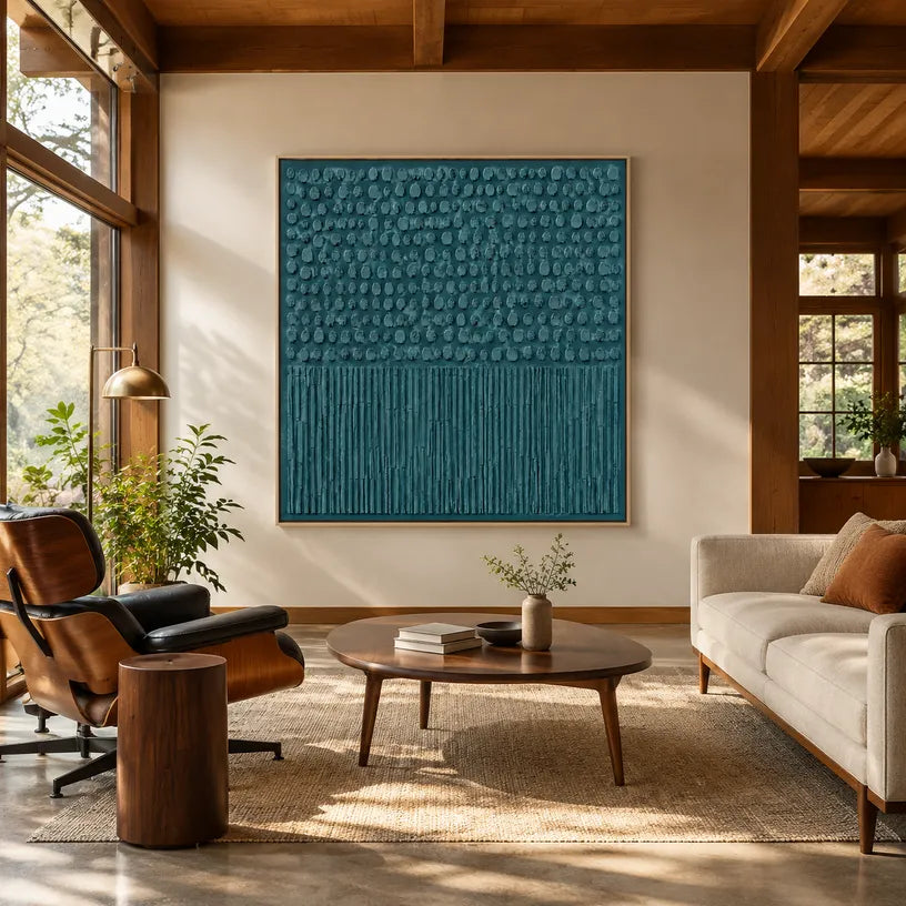 Wabi-Sabi abstract oil painting showing layered abstract marks, texture and expressive painterly movement in a blue palette.