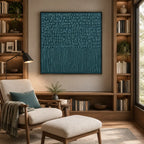 Wabi-Sabi abstract oil painting showing layered abstract marks, texture and expressive painterly movement in a blue palette.