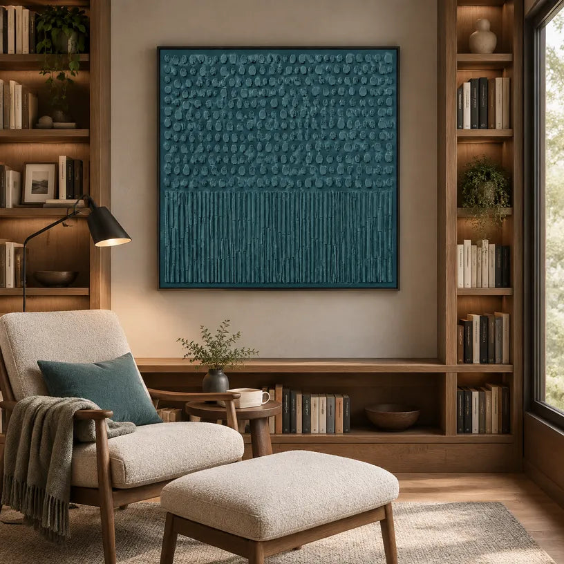 Wabi-Sabi abstract oil painting showing layered abstract marks, texture and expressive painterly movement in a blue palette.