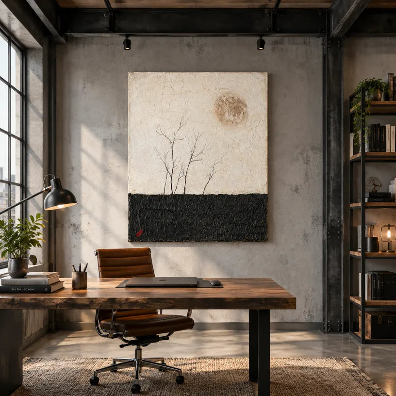 Wabi-Sabi abstract oil painting showing layered abstract marks, texture and expressive painterly movement in a black and white palette.