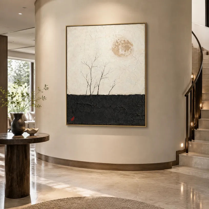 Wabi-Sabi abstract oil painting showing layered abstract marks, texture and expressive painterly movement in a black and white palette.