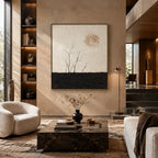 Wabi-Sabi abstract oil painting showing layered abstract marks, texture and expressive painterly movement in a black and white palette.
