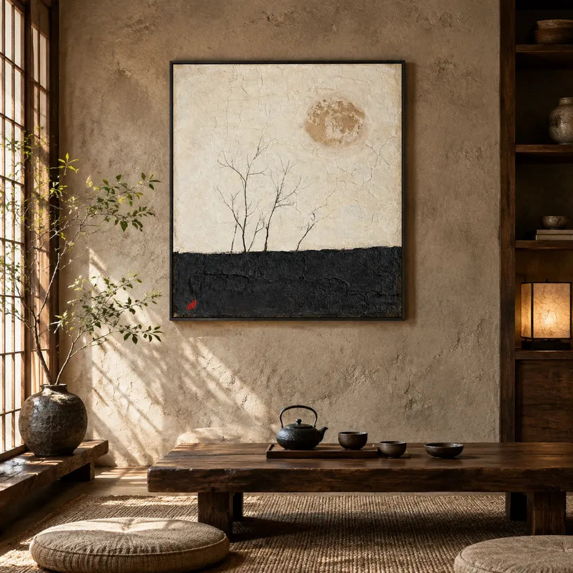 Wabi-Sabi abstract oil painting showing layered abstract marks, texture and expressive painterly movement in a black and white palette.