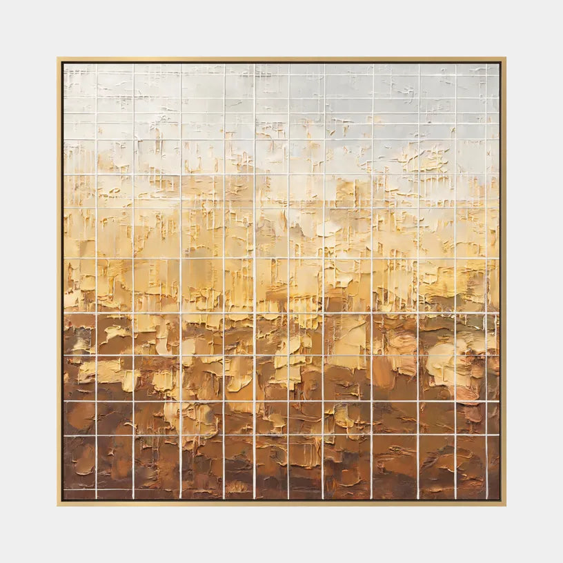 Wabi-Sabi abstract oil painting showing layered abstract marks, texture and expressive painterly movement in a orange palette.