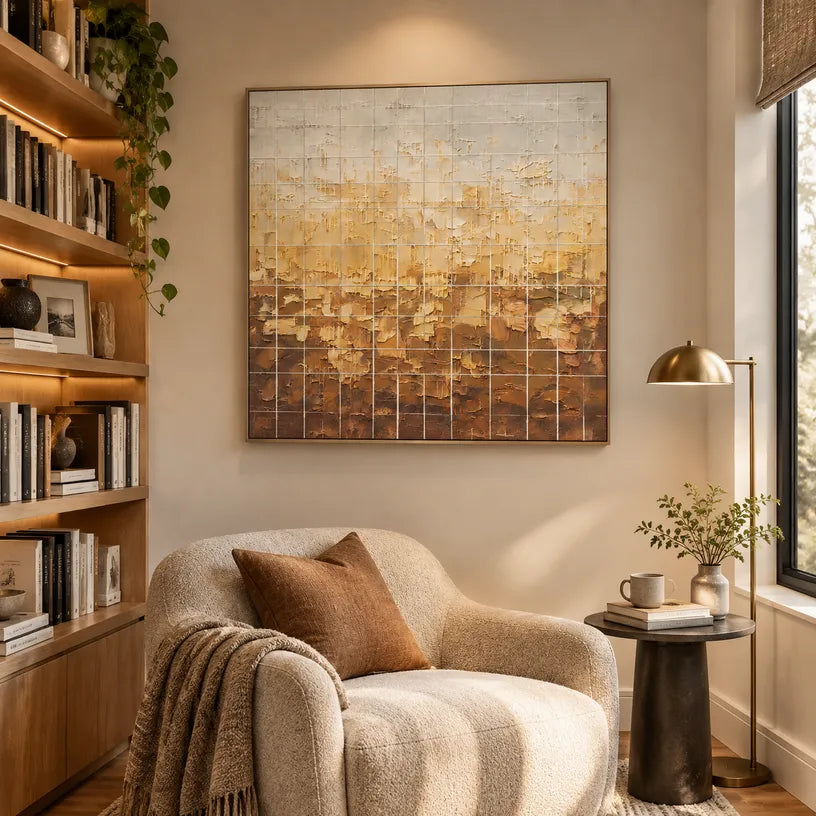 Wabi-Sabi abstract oil painting showing layered abstract marks, texture and expressive painterly movement in a orange palette.