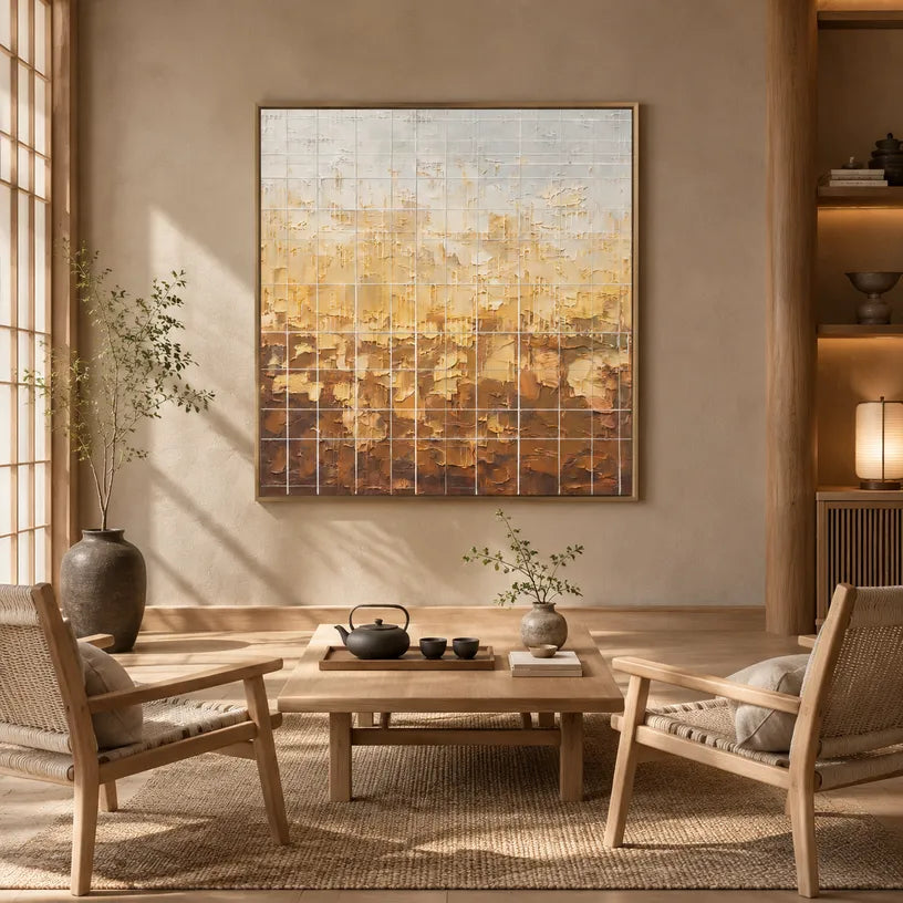 Wabi-Sabi abstract oil painting showing layered abstract marks, texture and expressive painterly movement in a orange palette.