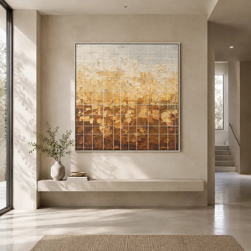 Wabi-Sabi abstract oil painting showing layered abstract marks, texture and expressive painterly movement in a orange palette.