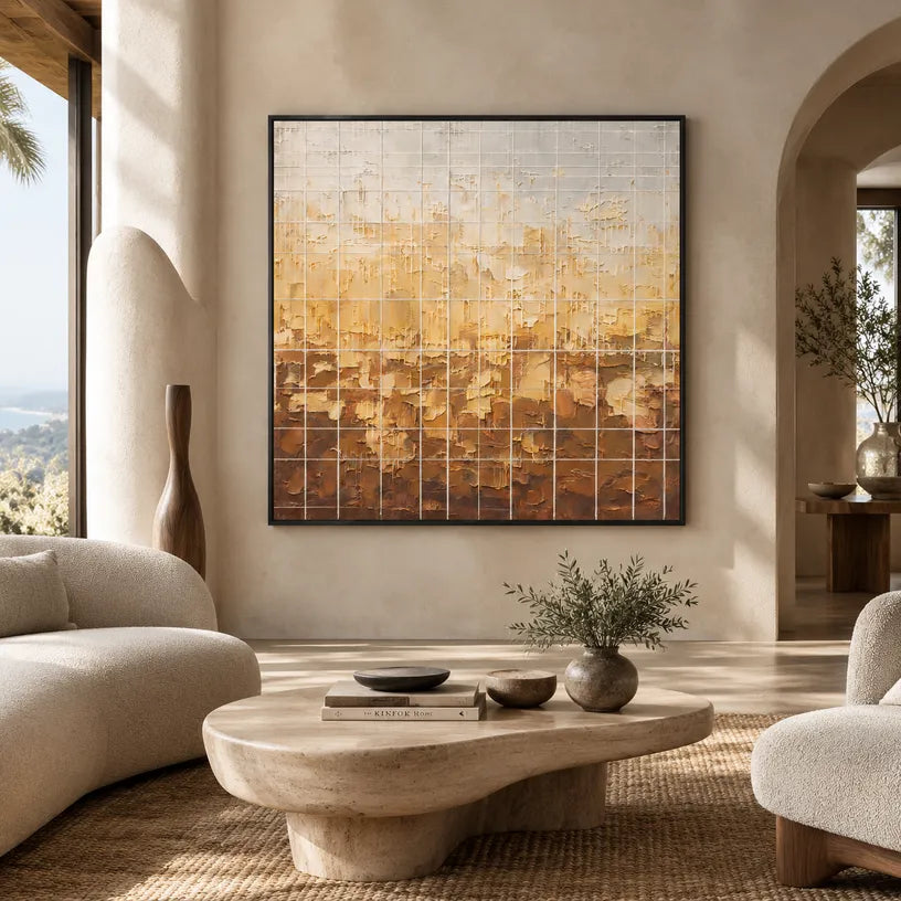 Wabi-Sabi abstract oil painting showing layered abstract marks, texture and expressive painterly movement in a orange palette.