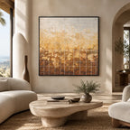Wabi-Sabi abstract oil painting showing layered abstract marks, texture and expressive painterly movement in a orange palette.