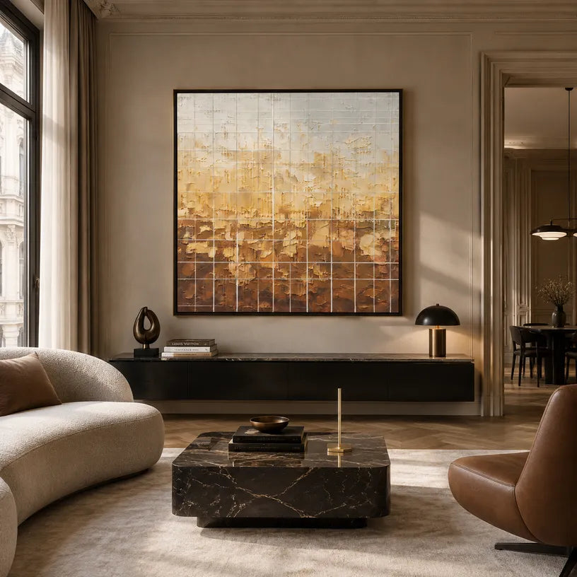 Wabi-Sabi abstract oil painting showing layered abstract marks, texture and expressive painterly movement in a orange palette.