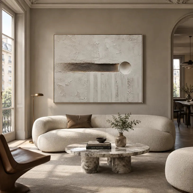 Wabi-Sabi abstract oil painting showing layered abstract marks, texture and expressive painterly movement in a grey palette.