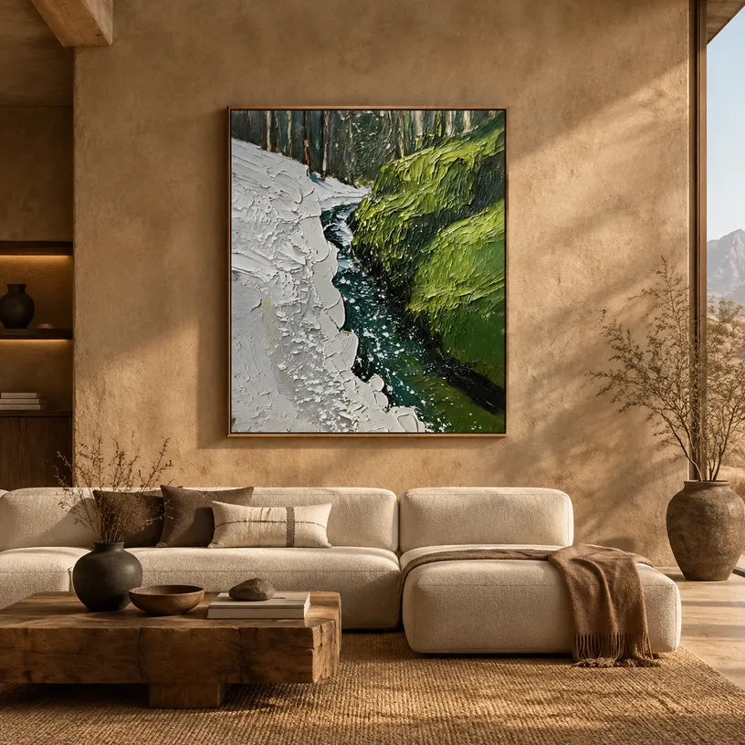 Wabi-Sabi abstract oil painting showing layered abstract marks, texture and expressive painterly movement in a green palette.