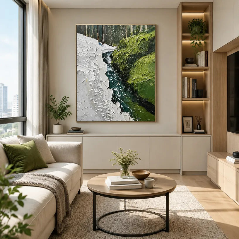 Wabi-Sabi abstract oil painting showing layered abstract marks, texture and expressive painterly movement in a green palette.
