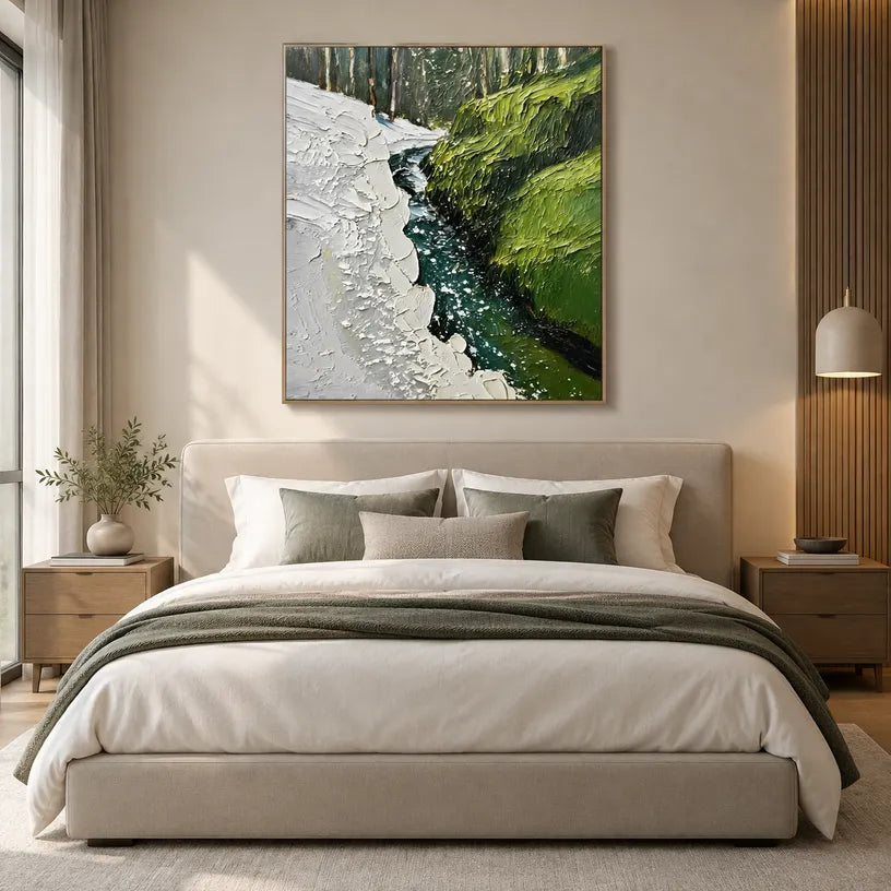 Wabi-Sabi abstract oil painting showing layered abstract marks, texture and expressive painterly movement in a green palette.