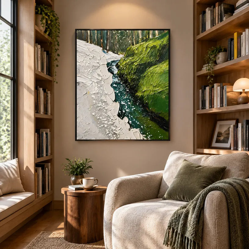 Wabi-Sabi abstract oil painting showing layered abstract marks, texture and expressive painterly movement in a green palette.