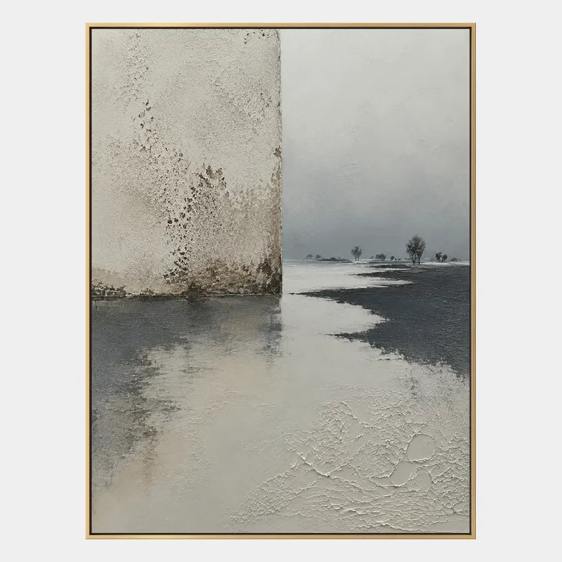 Wabi-Sabi abstract oil painting showing layered abstract marks, texture and expressive painterly movement in a grey palette.