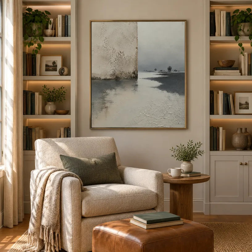 Wabi-Sabi abstract oil painting showing layered abstract marks, texture and expressive painterly movement in a grey palette.
