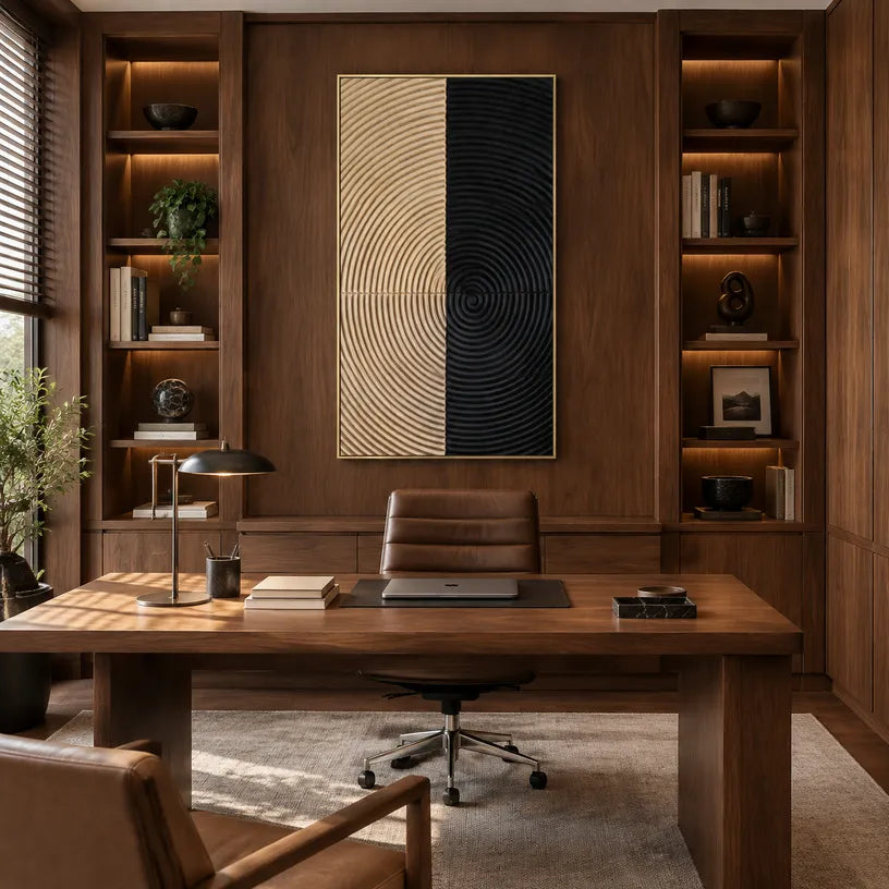 Wabi-Sabi abstract oil painting showing layered abstract marks, texture and expressive painterly movement in a brown palette.