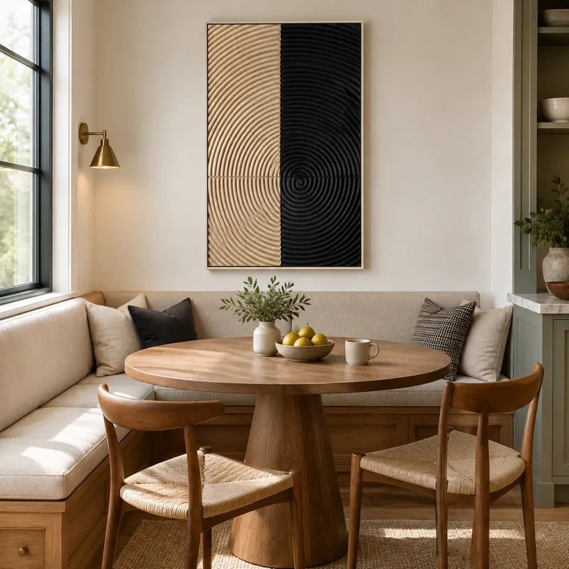 Wabi-Sabi abstract oil painting showing layered abstract marks, texture and expressive painterly movement in a brown palette.