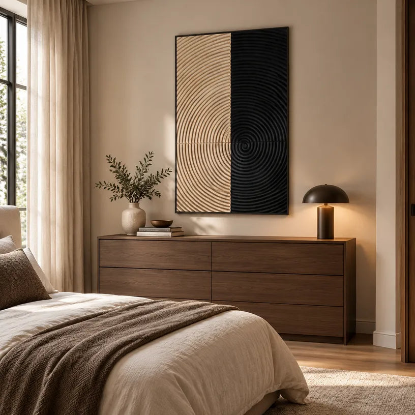 Wabi-Sabi abstract oil painting showing layered abstract marks, texture and expressive painterly movement in a brown palette.