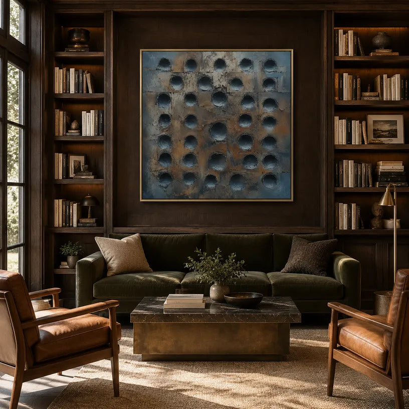 Wabi-Sabi abstract oil painting showing layered abstract marks, texture and expressive painterly movement in a brown palette.