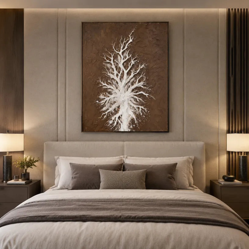 Wabi-Sabi abstract oil painting showing layered abstract marks, texture and expressive painterly movement in a brown palette.