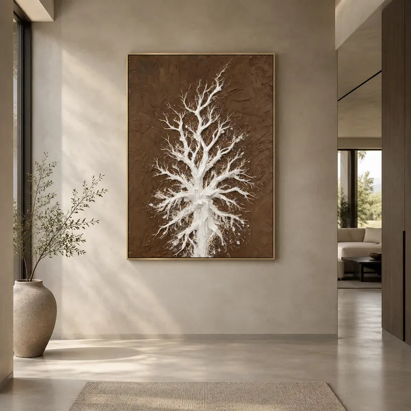 Wabi-Sabi abstract oil painting showing layered abstract marks, texture and expressive painterly movement in a brown palette.