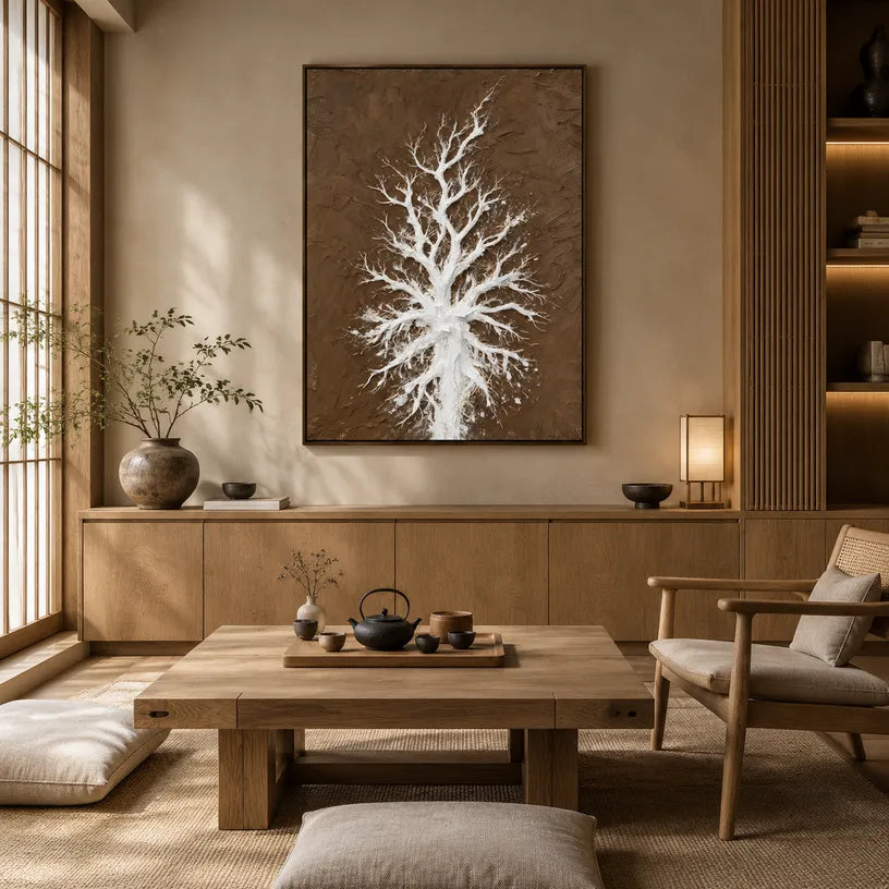 Wabi-Sabi abstract oil painting showing layered abstract marks, texture and expressive painterly movement in a brown palette.