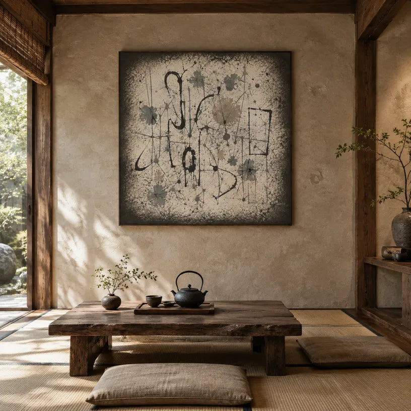 Wabi-Sabi abstract oil painting showing layered abstract marks, texture and expressive painterly movement in a brown palette.