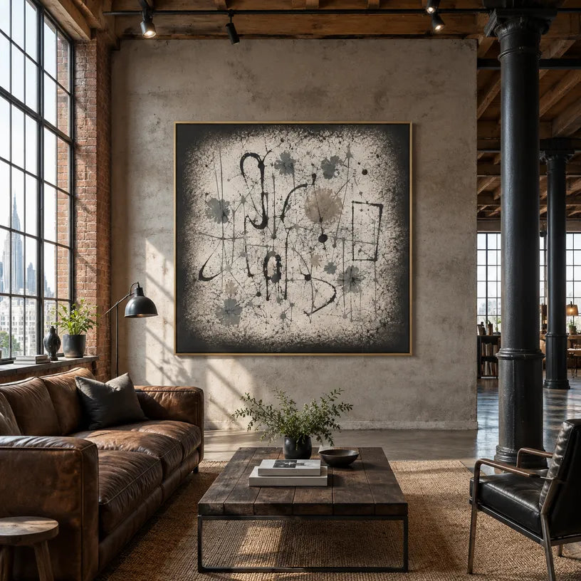 Wabi-Sabi abstract oil painting showing layered abstract marks, texture and expressive painterly movement in a brown palette.