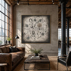 Wabi-Sabi abstract oil painting showing layered abstract marks, texture and expressive painterly movement in a brown palette.