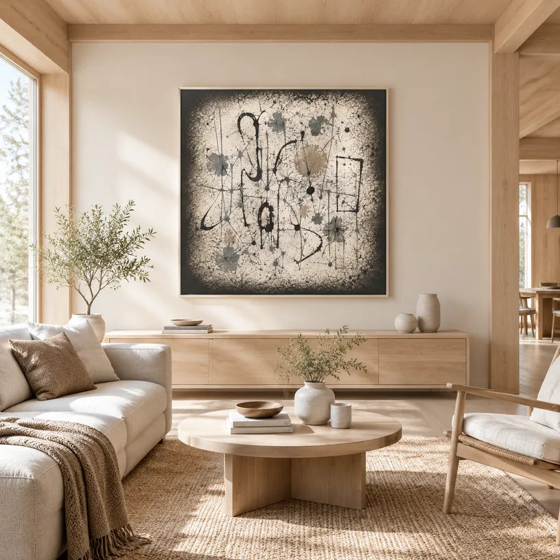 Wabi-Sabi abstract oil painting showing layered abstract marks, texture and expressive painterly movement in a brown palette.