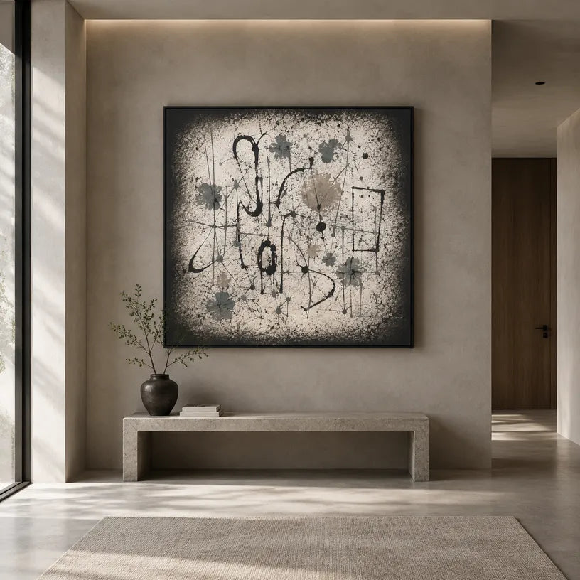 Wabi-Sabi abstract oil painting showing layered abstract marks, texture and expressive painterly movement in a brown palette.