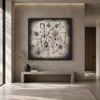 Wabi-Sabi abstract oil painting showing layered abstract marks, texture and expressive painterly movement in a brown palette.