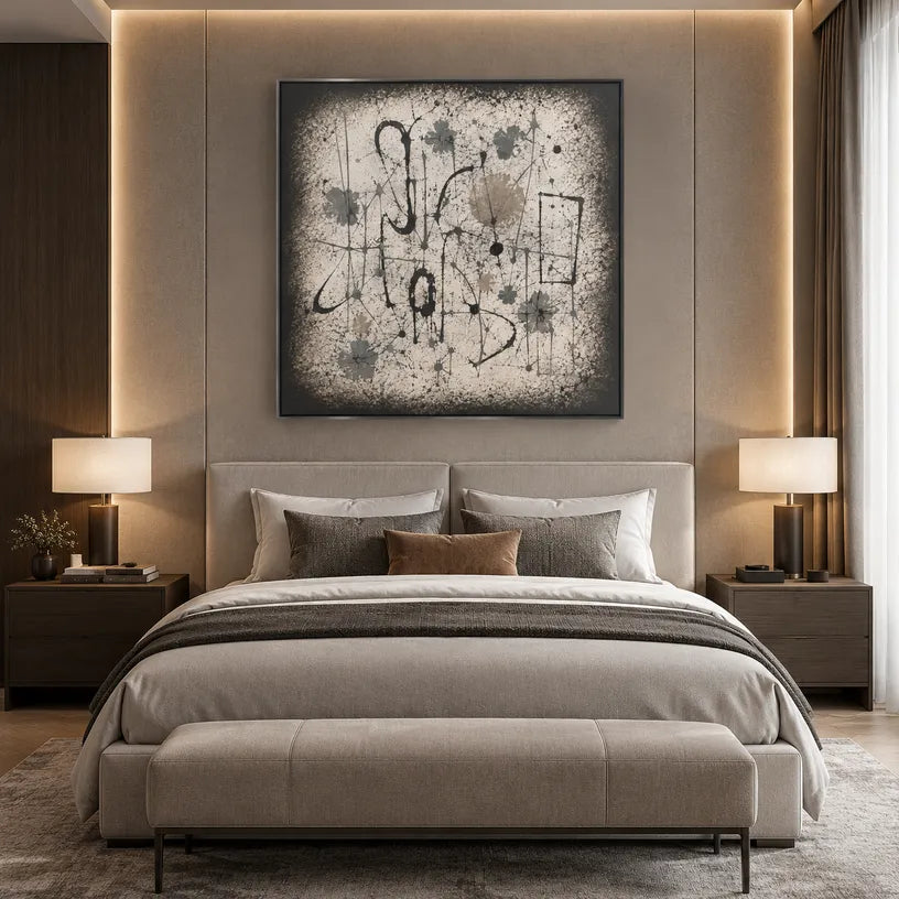 Wabi-Sabi abstract oil painting showing layered abstract marks, texture and expressive painterly movement in a brown palette.