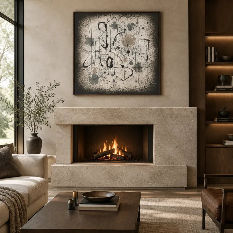 Wabi-Sabi abstract oil painting showing layered abstract marks, texture and expressive painterly movement in a brown palette.
