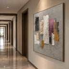 Wabi-Sabi abstract oil painting showing layered abstract marks, texture and expressive painterly movement in a grey palette.
