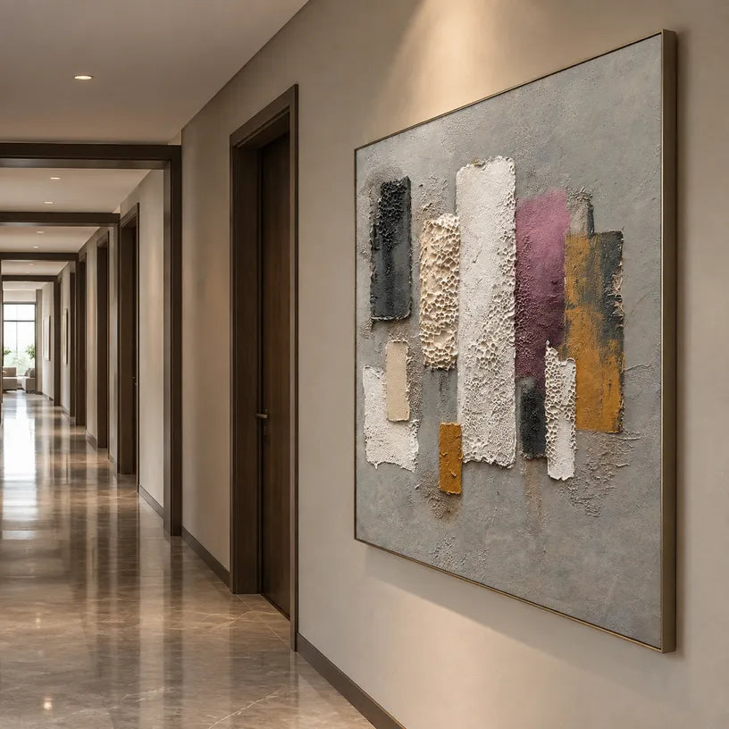 Wabi-Sabi abstract oil painting showing layered abstract marks, texture and expressive painterly movement in a grey palette.