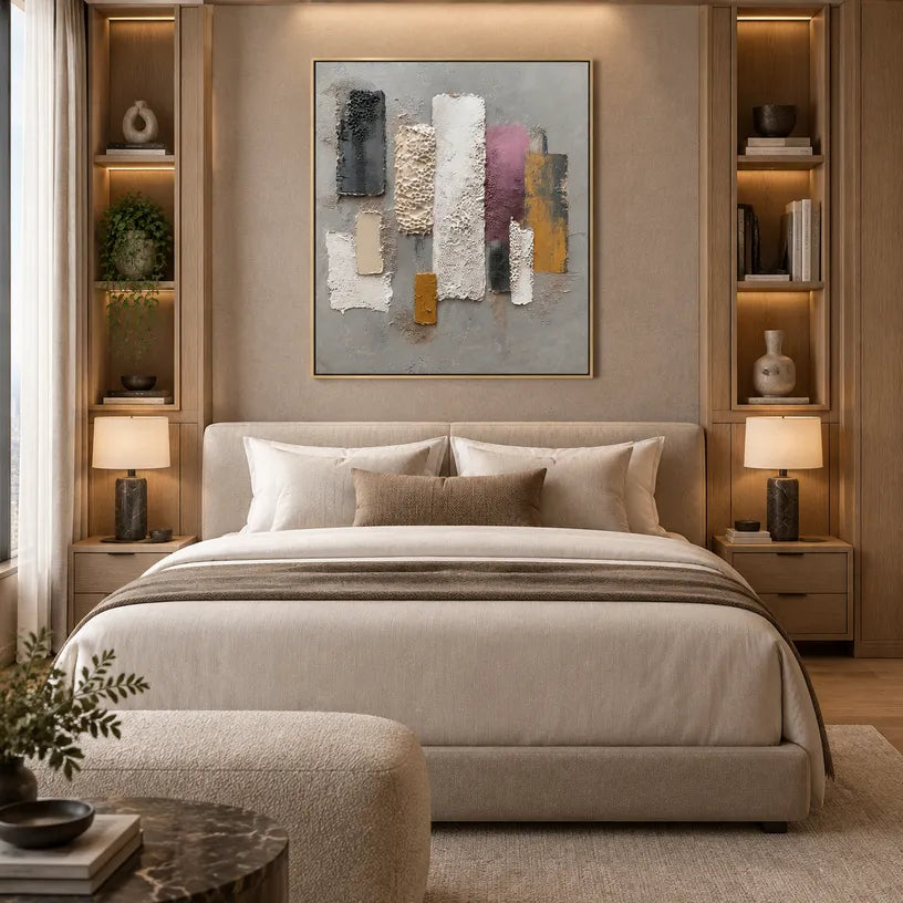 Wabi-Sabi abstract oil painting showing layered abstract marks, texture and expressive painterly movement in a grey palette.