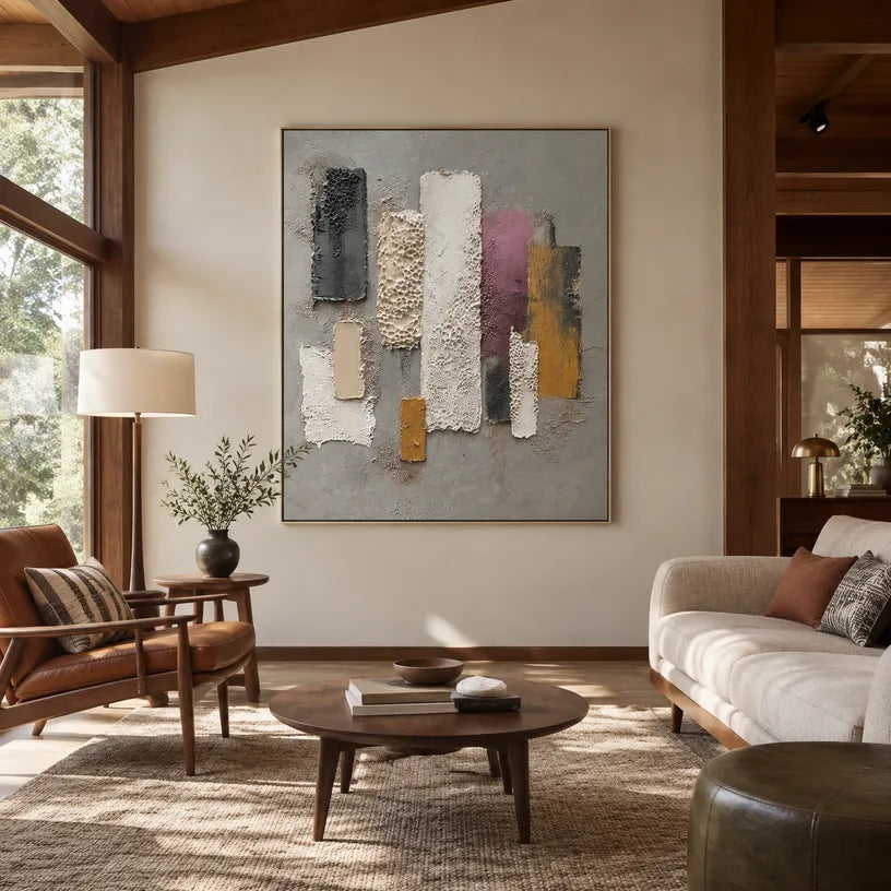 Wabi-Sabi abstract oil painting showing layered abstract marks, texture and expressive painterly movement in a grey palette.
