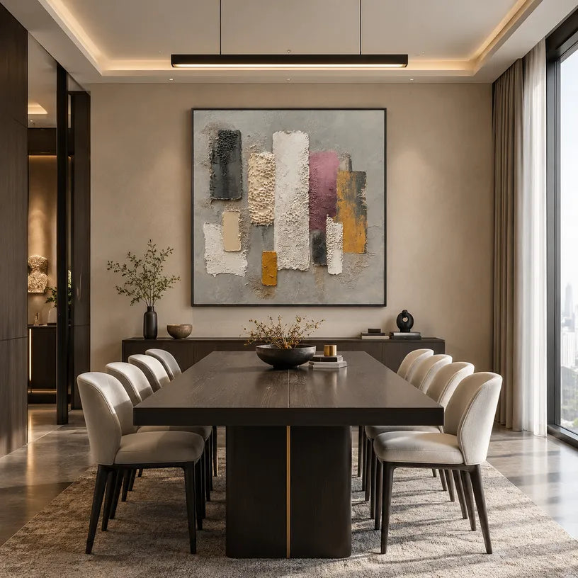 Wabi-Sabi abstract oil painting showing layered abstract marks, texture and expressive painterly movement in a grey palette.